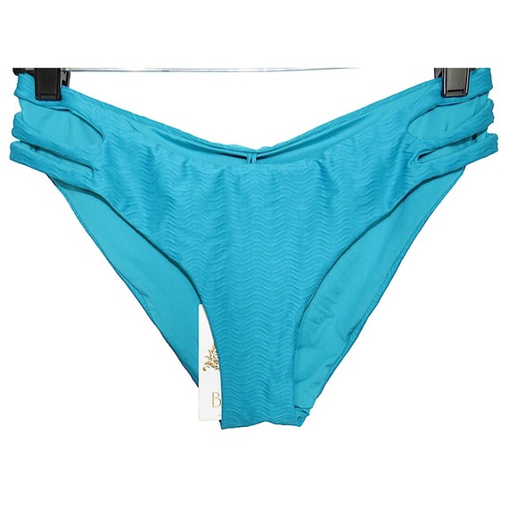 Becca Vibes Blue Textured Peek-A-Boo-Sides Hipster Bikini Swim Bottoms Size M - Picture 1 of 7